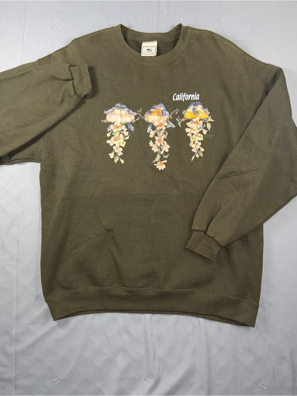 Vintage Lee Sweatshirt Men's Large Green California Birds Flowers Heavyweight